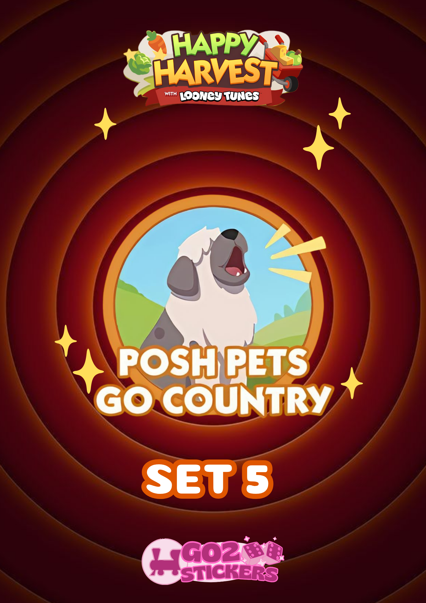 SET 5 (Posh Pets Go Country) Happy Harvest with Looney Tunes Album - Monopoly GO! Stickers