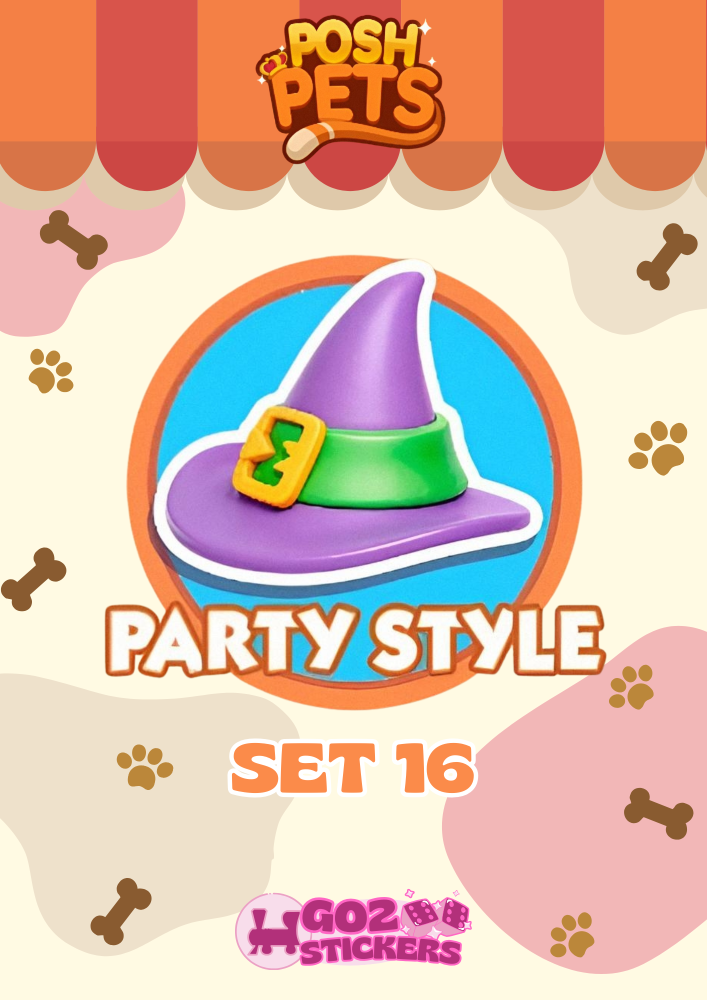 SET 16 (Party Style) Posh Pets Set - Monopoly GO! Stickers
