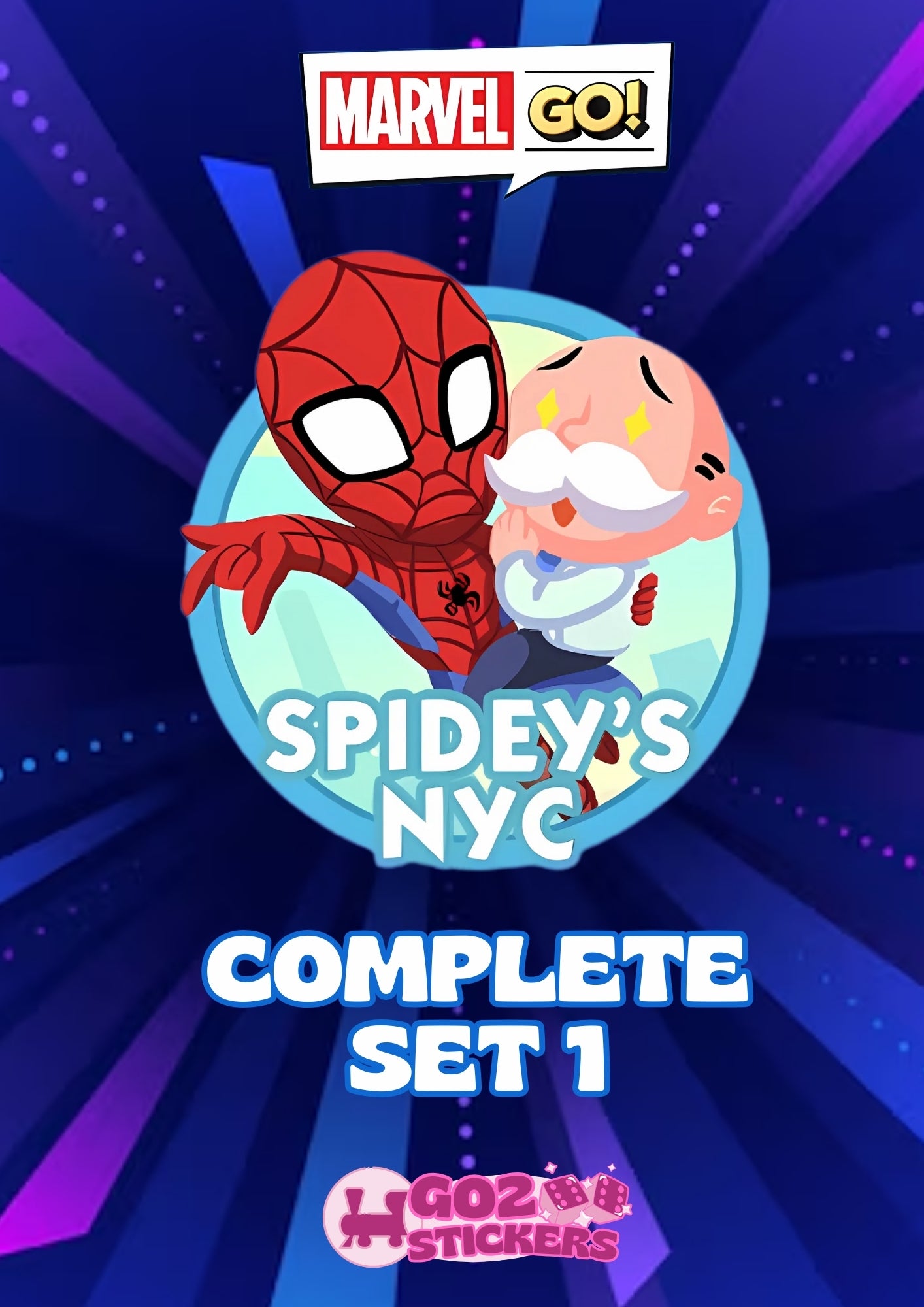 Monopoly Go Set 1 stickers featuring Spiderman in New York City from the Marvel Go collection.