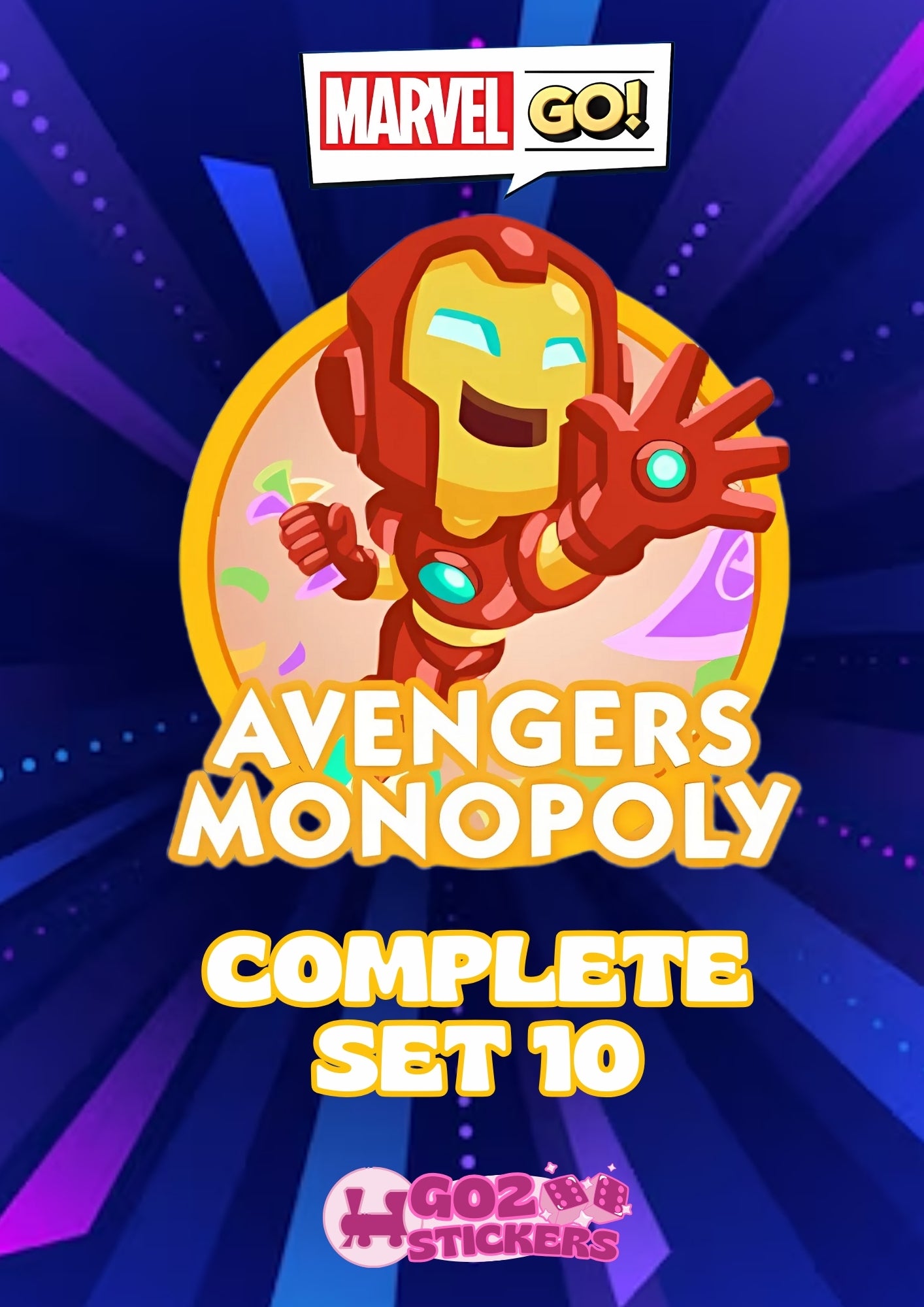 Monopoly Go Set 10 stickers featuring Avengers characters from the Marvel Go collection.