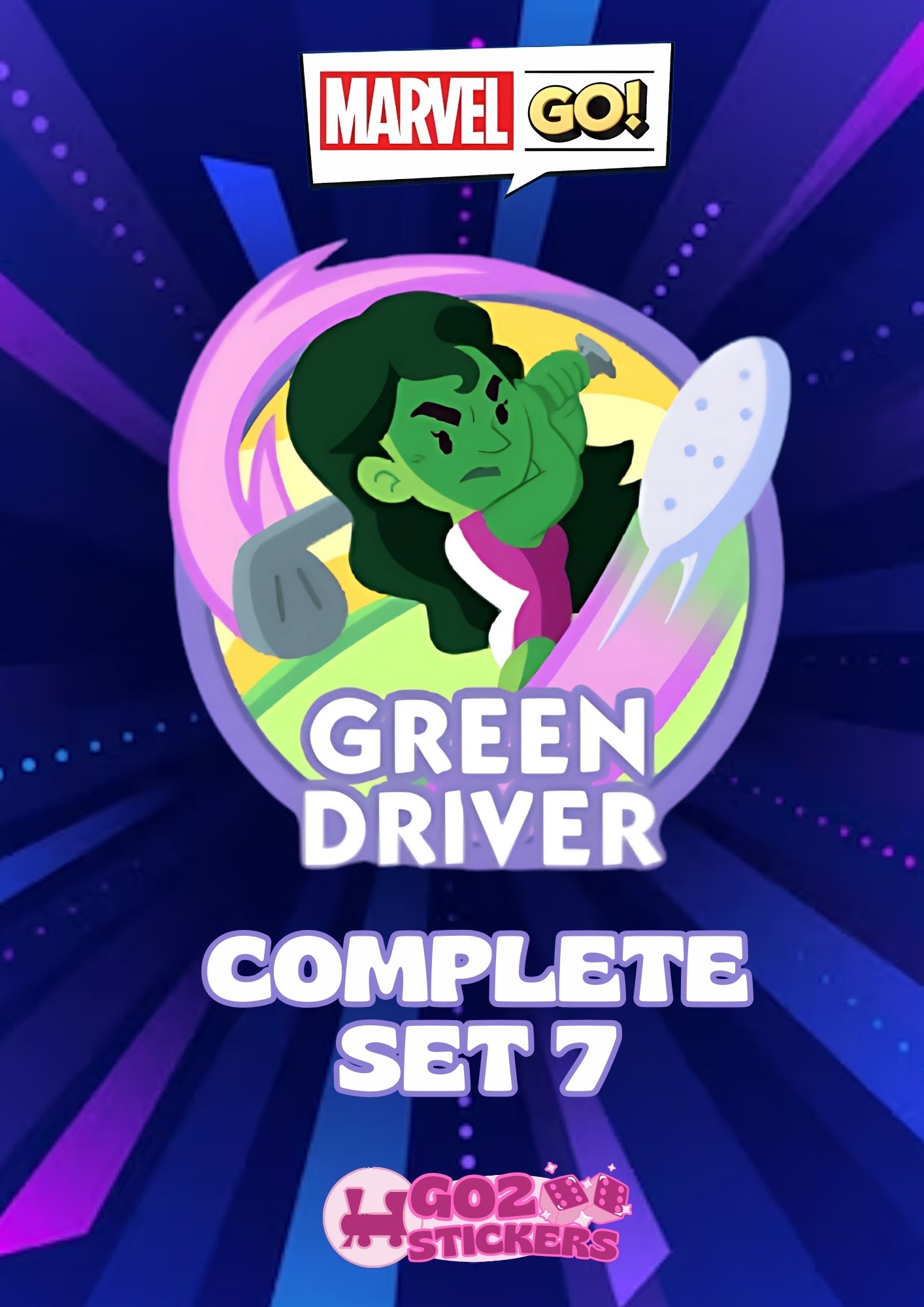 Monopoly Go Set 7 stickers featuring Green Driver from the Marvel Go collection.